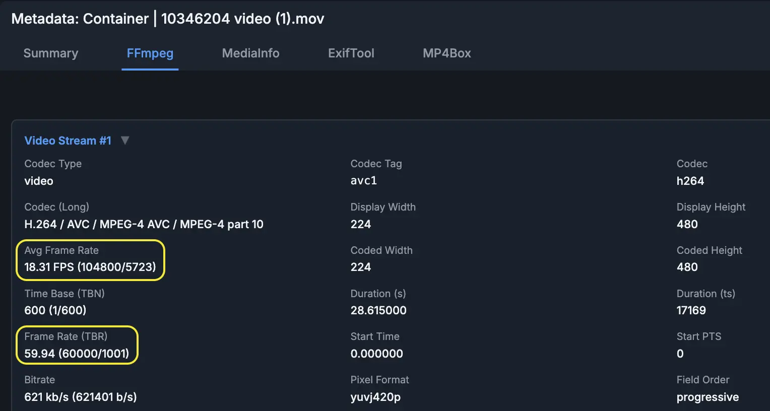 DIVA FFmpeg metadata view for a MOV file showing Avg Frame Rate 18.31 FPS and Frame Rate TBR 59.94.