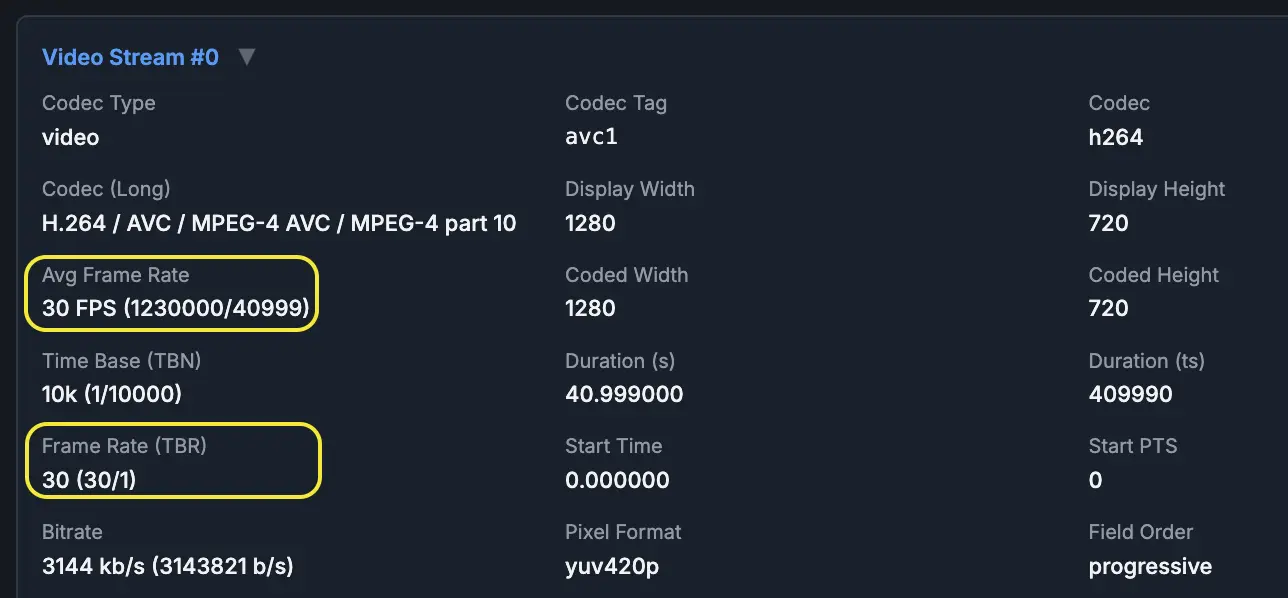DIVA FFmpeg metadata view showing Avg Frame Rate 30 FPS and Frame Rate TBR 30.