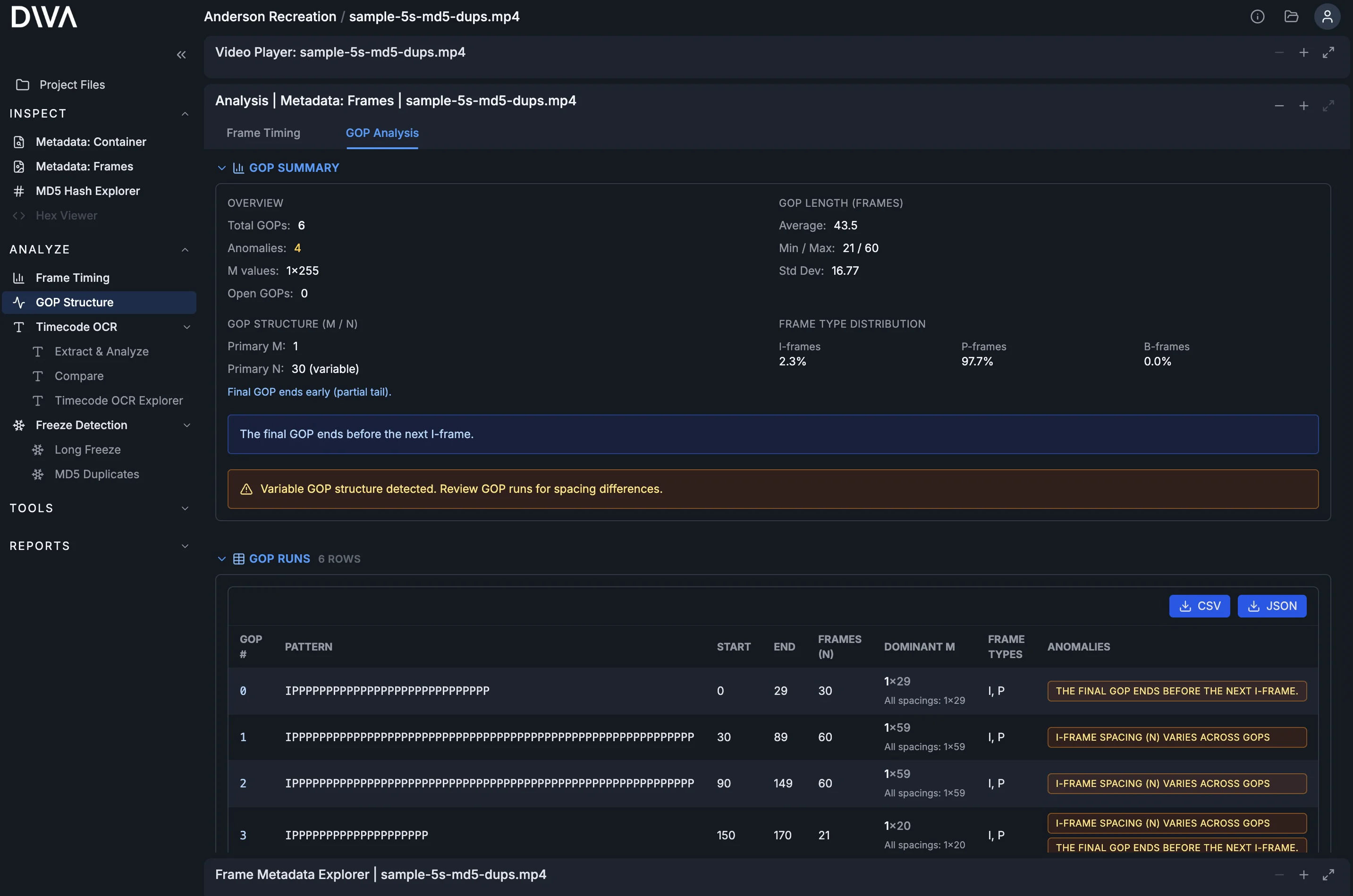 GOP Structure analysis view highlighting GOP cadence and structure.
