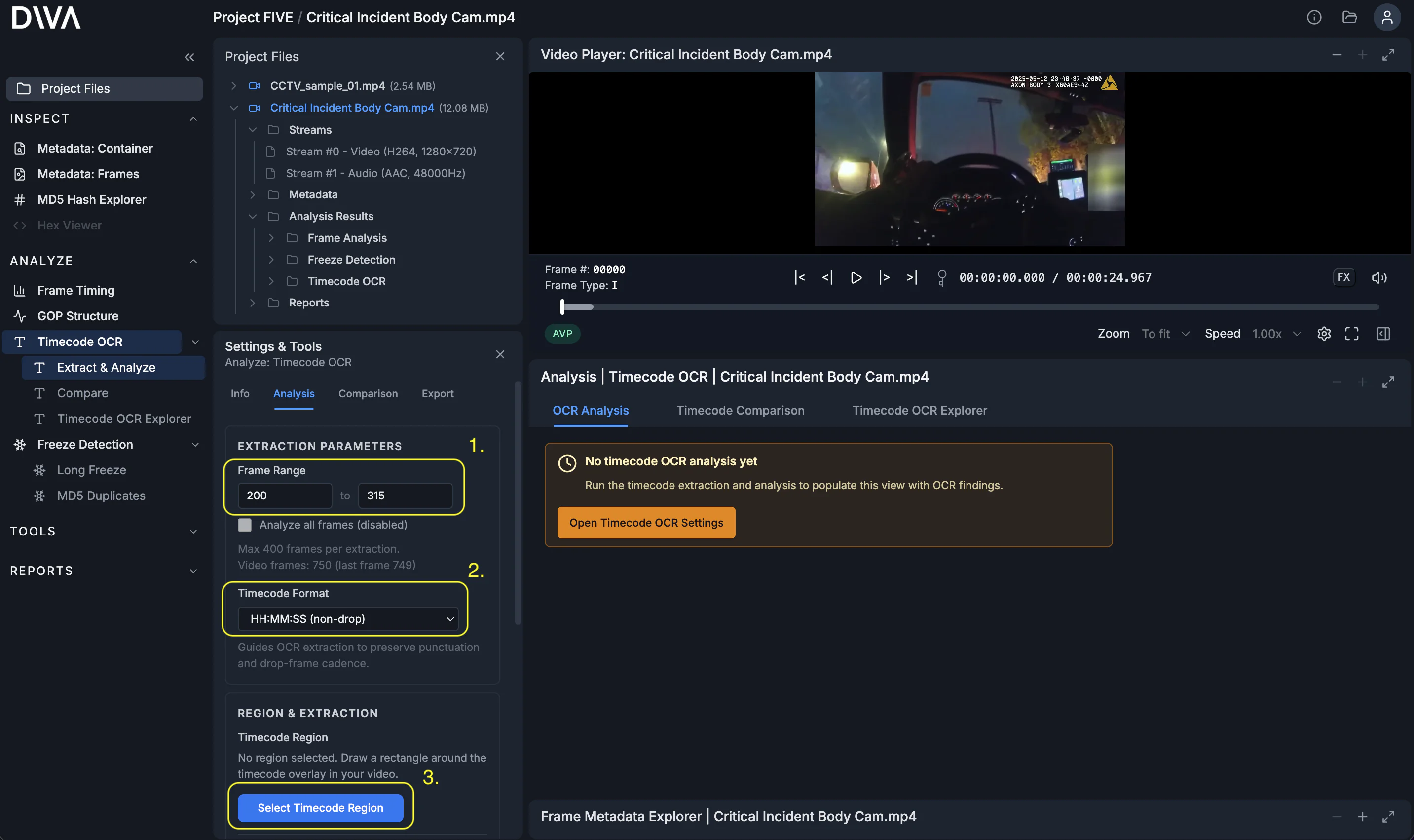 Timecode OCR settings showing frame range, timecode format selection, and the button to open the timecode region selector.