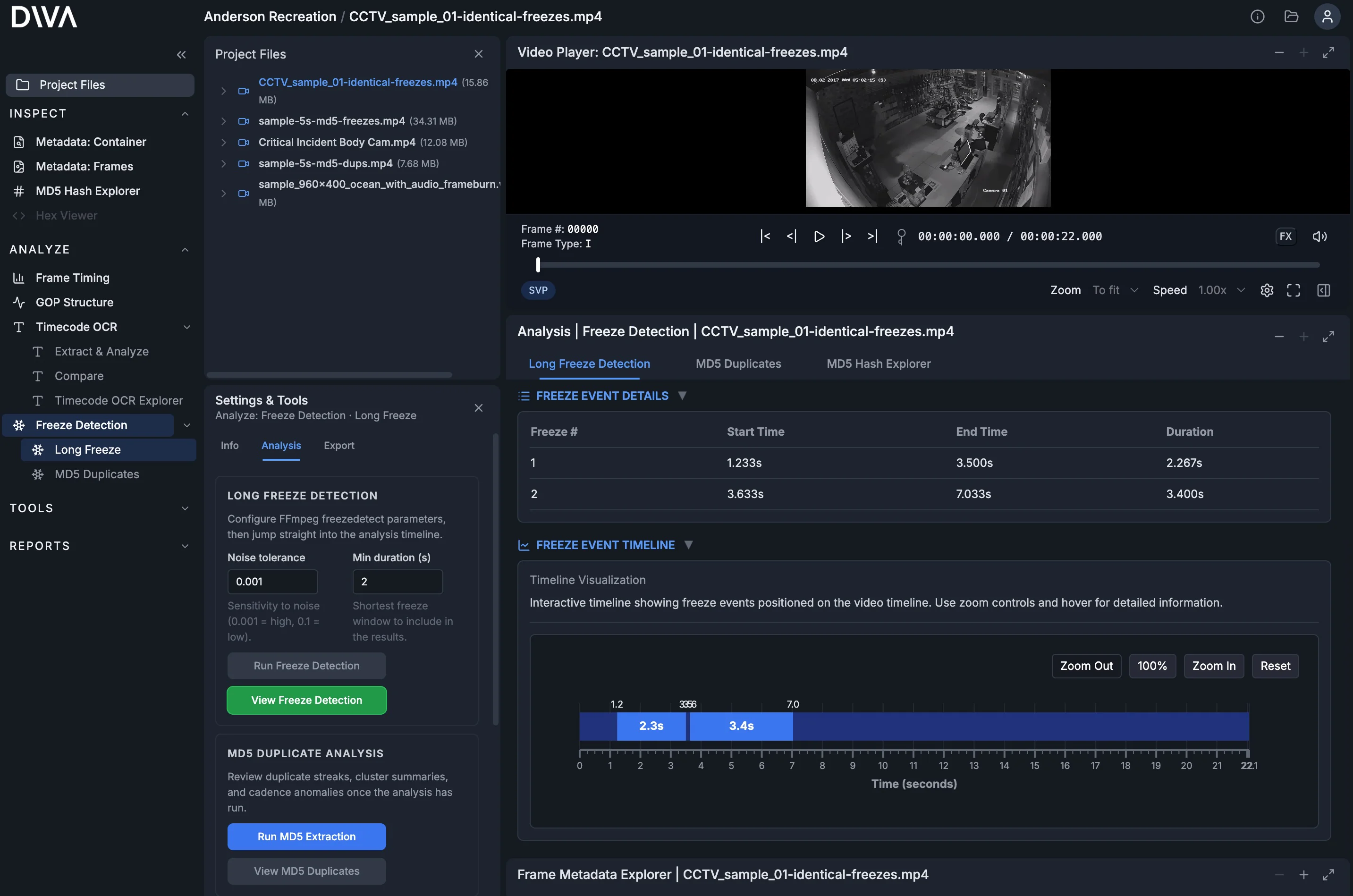 Freeze Detection view highlighting a long freeze segment in a video.