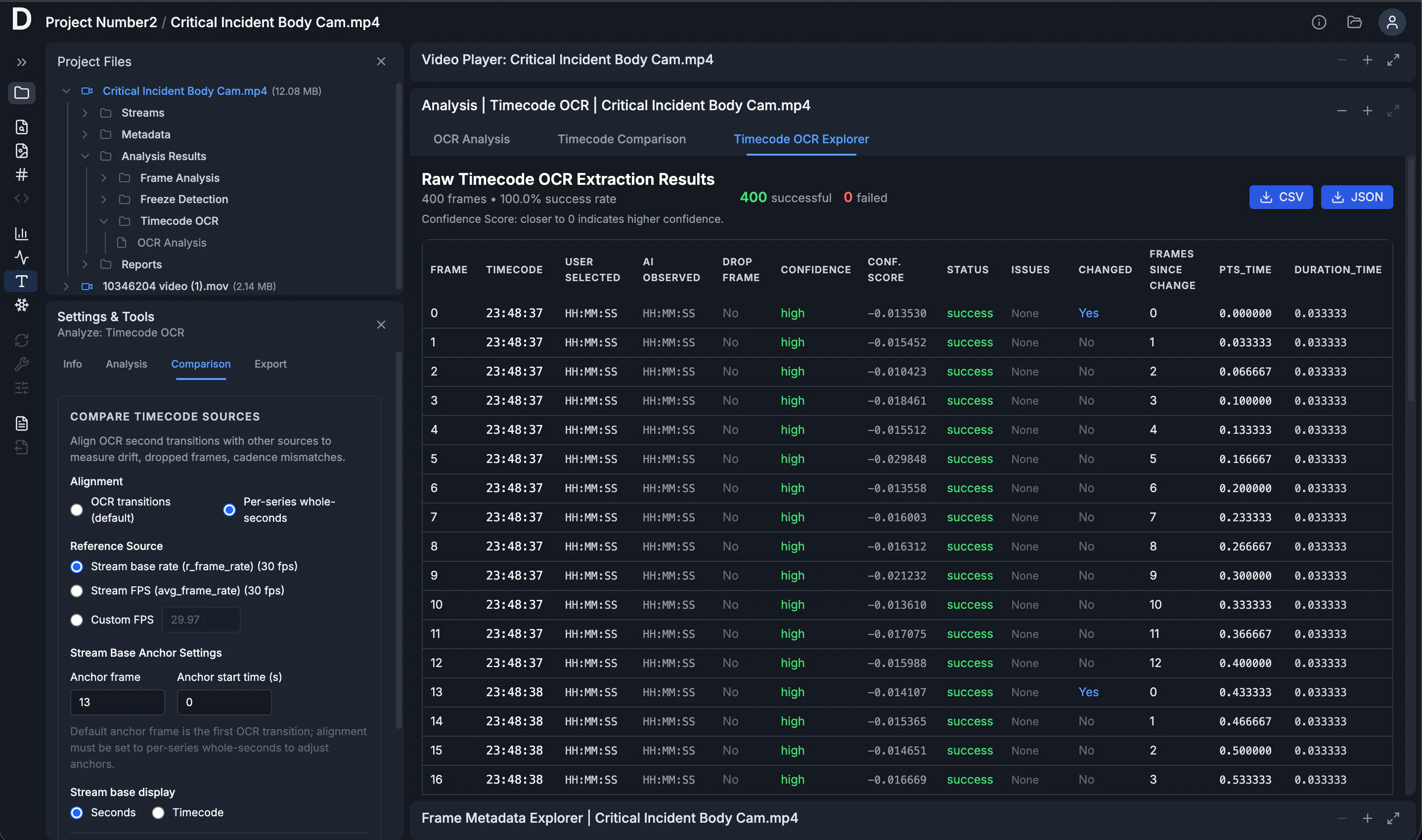 Timecode OCR Explorer table showing extracted values per frame alongside timing columns.