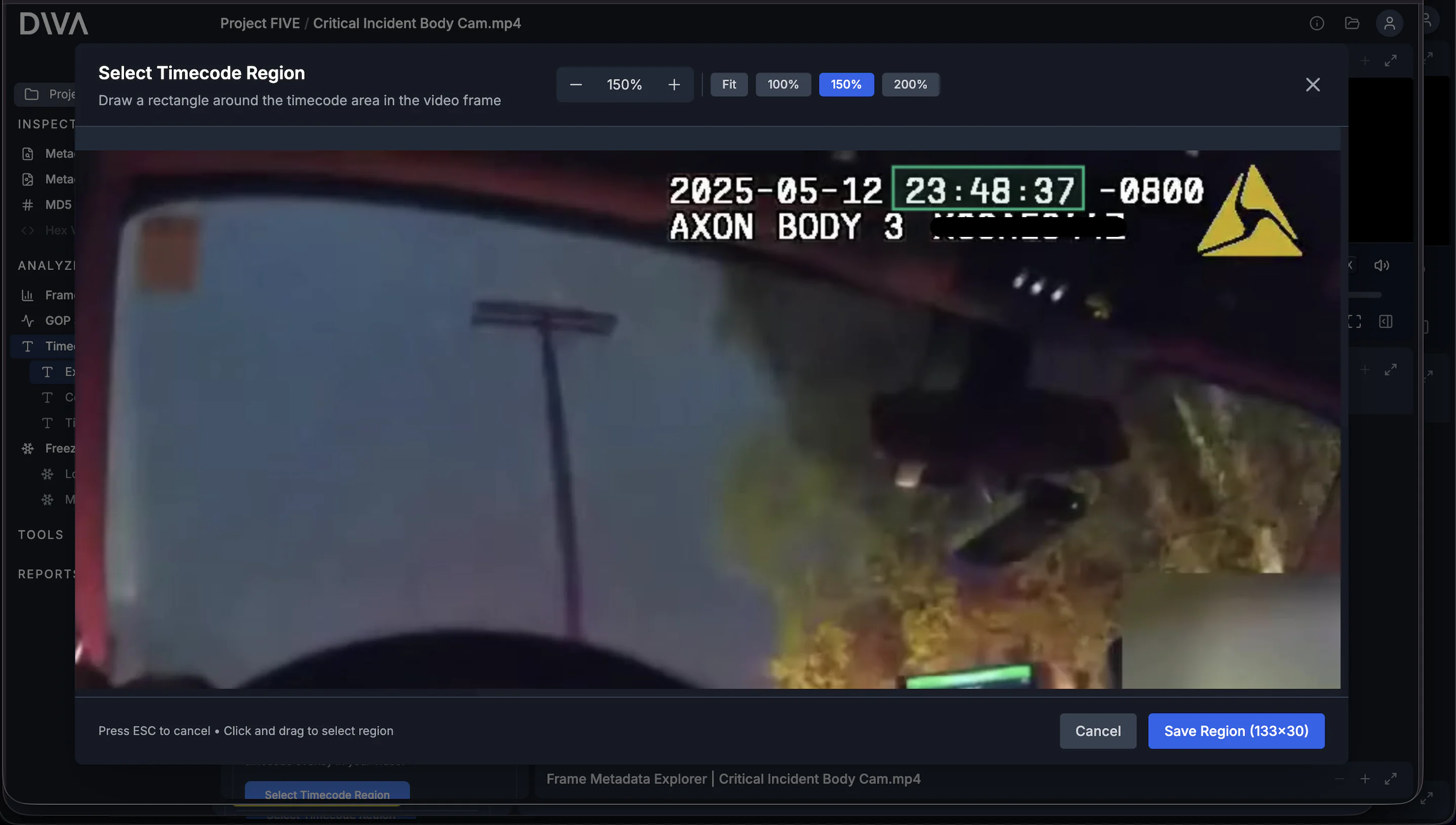 Timecode region selection modal with a rectangle drawn around the burned-in time display.