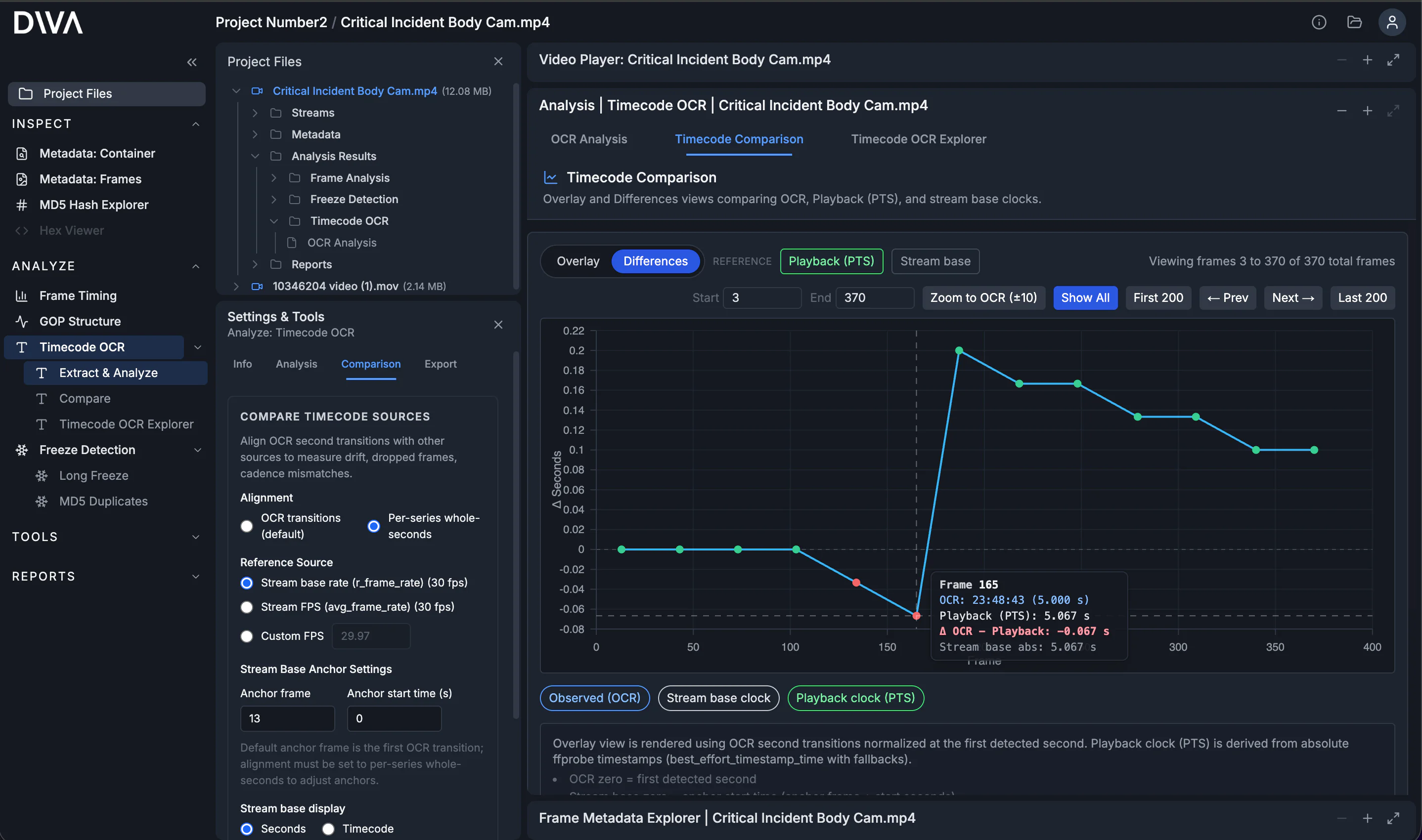 Timecode Comparison differences chart showing delta between OCR and playback (PTS) over frame index.
