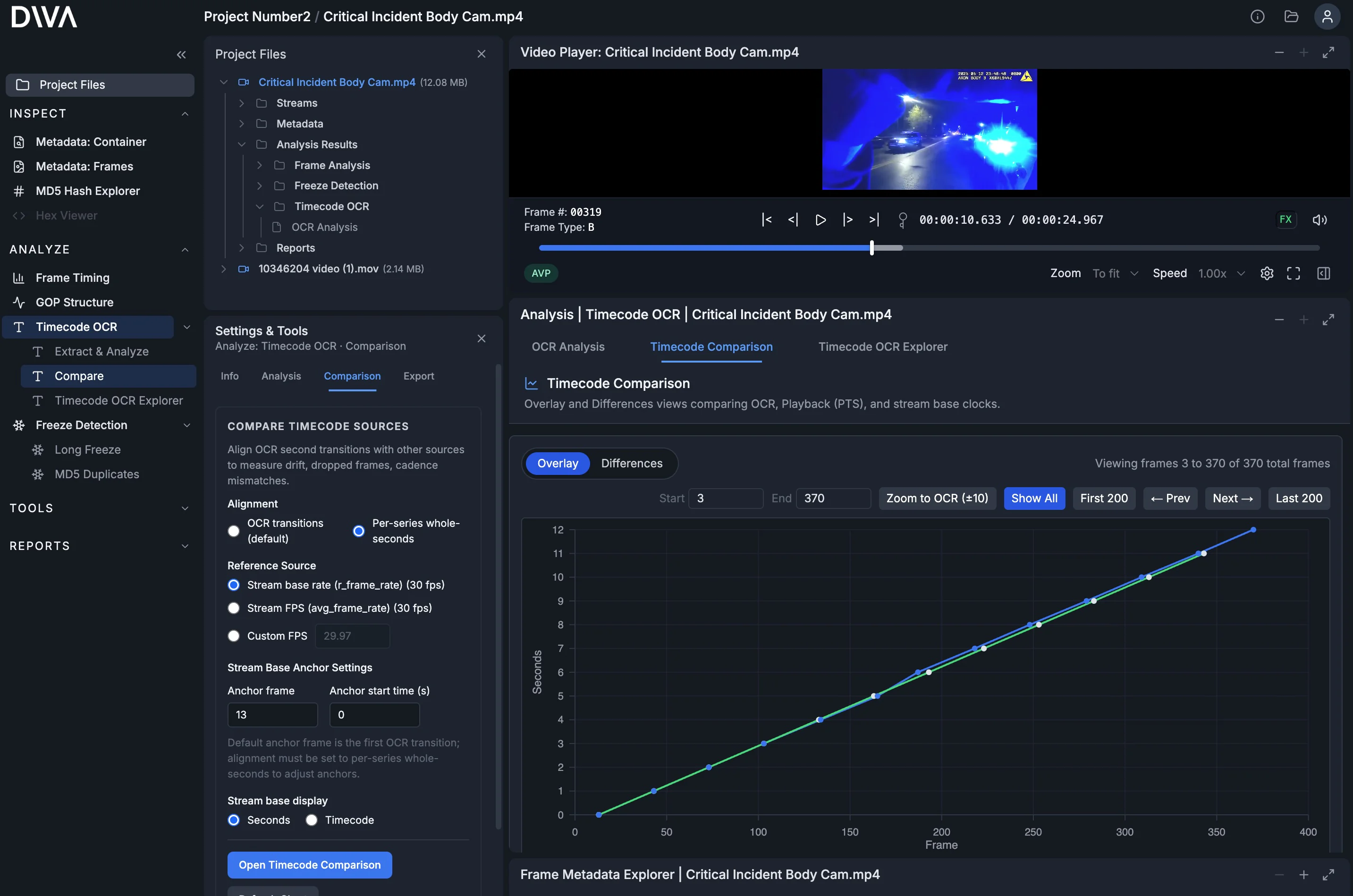 DIVA analysis view with the video player open next to Timecode OCR analysis results.