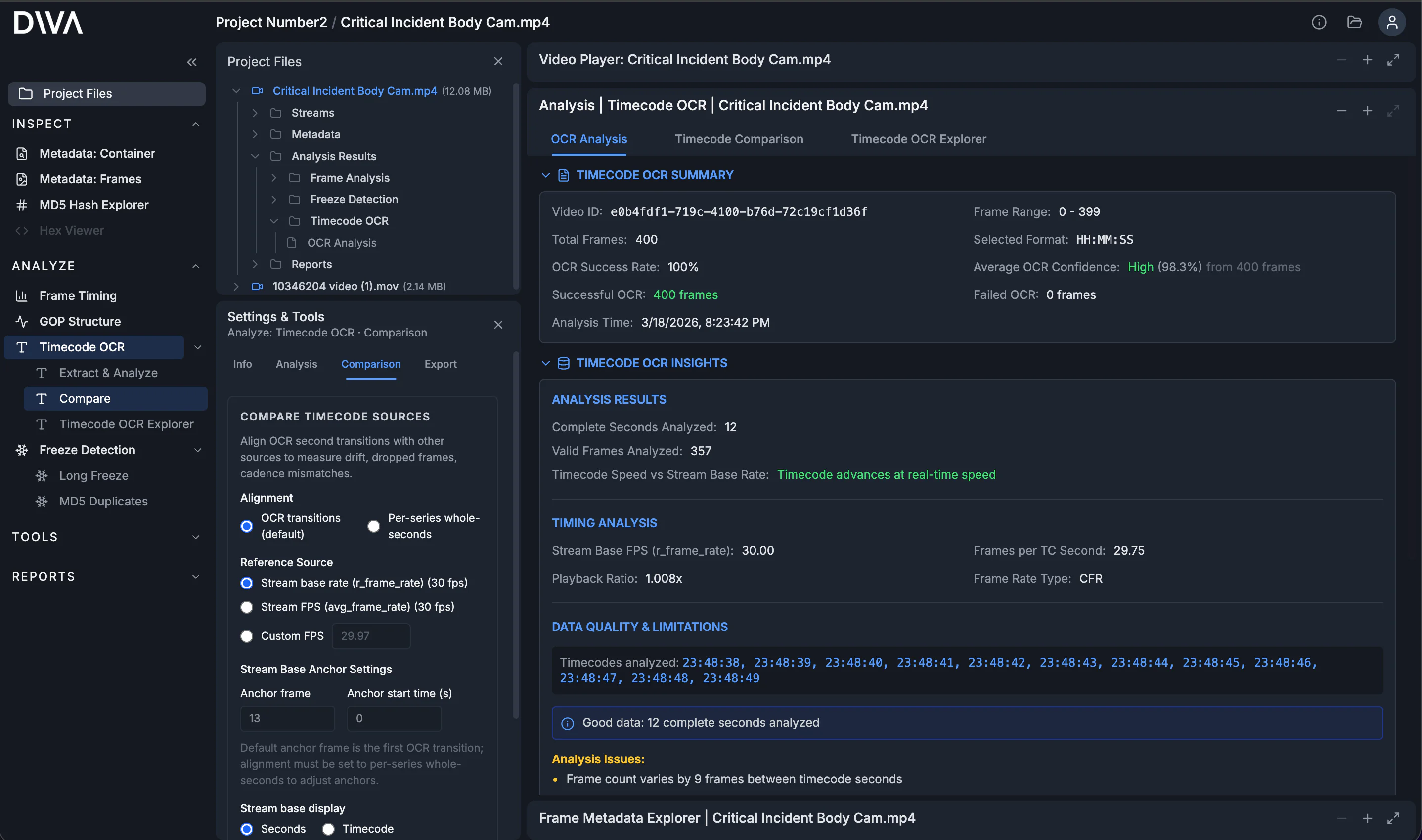 Timecode OCR Analysis summary showing extraction success rate and confidence metrics.